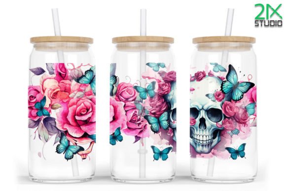 16oz Libbey Glass Skulls and Butterflies
