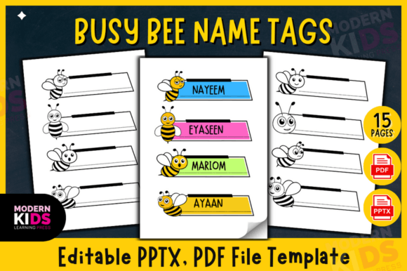 Busy Bee Name Tags - Editable PPTX, PDF