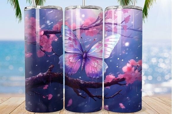 Cherry Blossom Purple Butterfly Tumbler